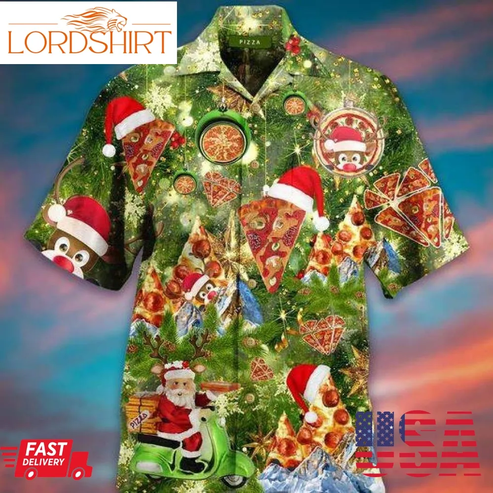 Santa Pizza Merry Christmas Green Hawaiian Shirts