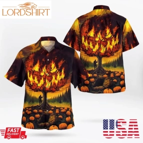 Scary Burning Tree Smiling Spooky Pumpkin Halloween 3D Hawaii Shirt, All Over Print, 3D Tshirt, Hoodie, Sweatshirt, Long Sleeve, Aop Shirt