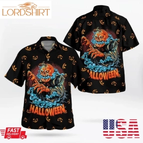 Scary Halloween Pumpkin Ghost Blue Mist Spooky 3D Hawaii Shirt, Tactical Hawaiian Shirts