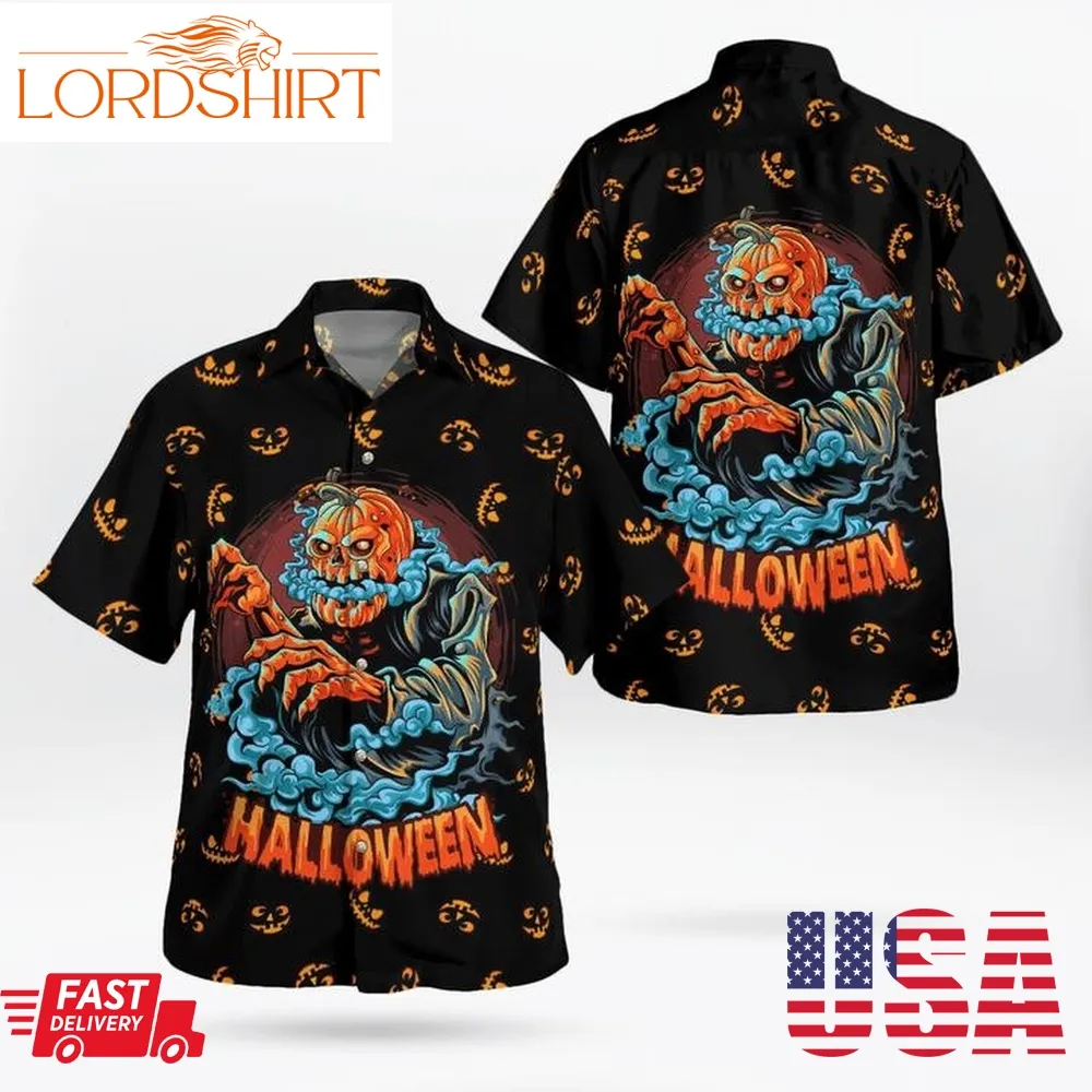 Scary Halloween Pumpkin Ghost Blue Mist Spooky 3D Hawaii Shirt, Tactical Hawaiian Shirts