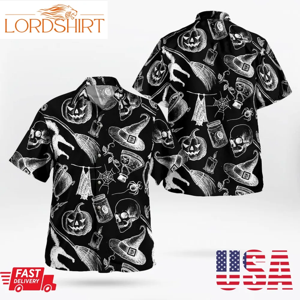 Scary Symbols Halloween Witch Pumpkin Black 3D Hawaii Shirt, Tactical Hawaiian Shirts