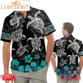 Sea Turtle Polynesian Tattoo Pattern Hibiscus Troipcal Men Aloha Button Up Hawaiian Shirt For Animal Lovers In Summer