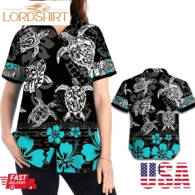 Sea Turtle Polynesian Tattoo Pattern Hibiscus Troipcal Women Aloha Button Up Hawaiian Shirt For Animal Lovers In Summer