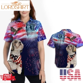 Shih Tzu Fireworks American Independence Day Women Hawaiian Shirt