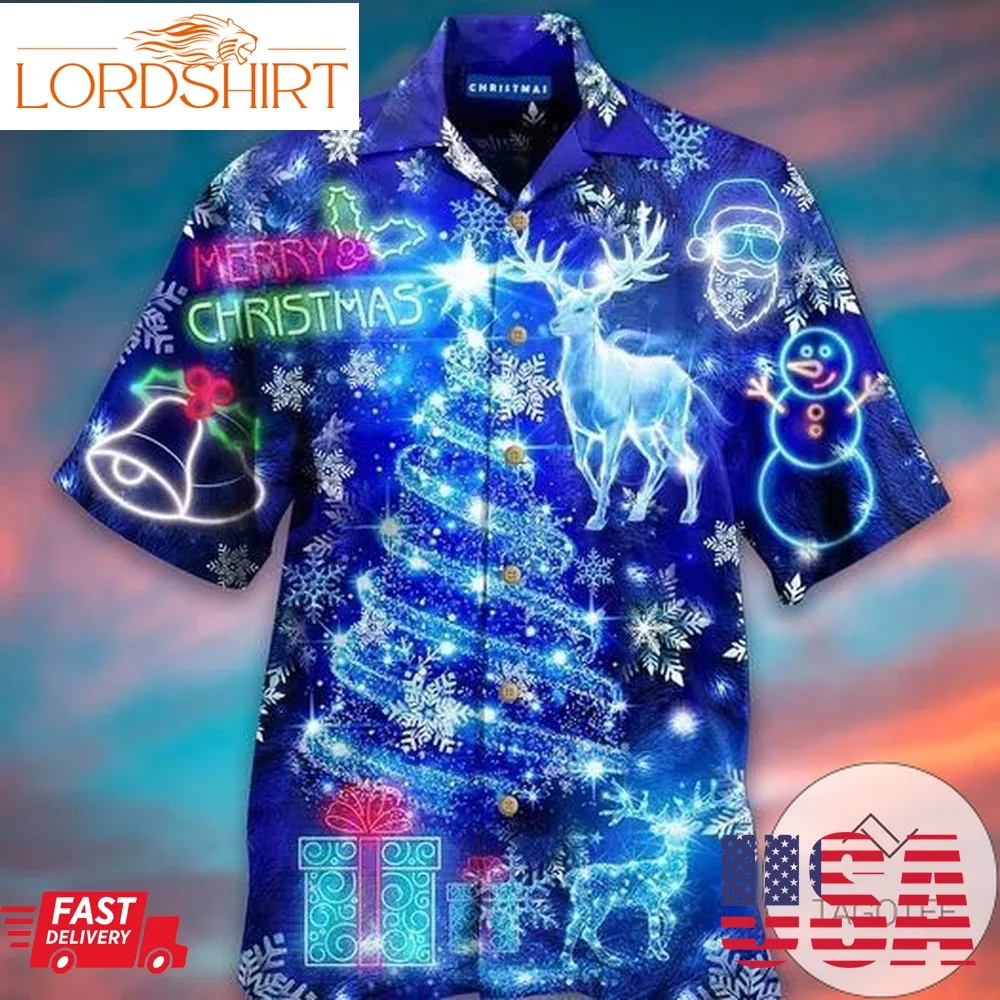 Shop Blue Merry Christmas Light Deer And Christmas Tree Hawaiian Aloha Shirts