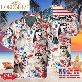 Siberian Husky Dog Vintage American Flag Hawaii Shirt, Tropical Red And Blue Floral Hawaiian Shirt, Gift For Dog Lovers, Dog Parent Gift