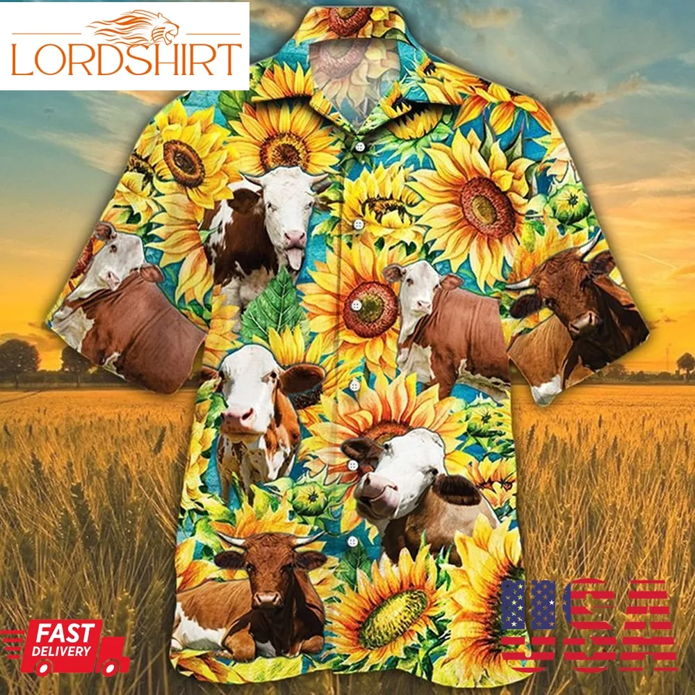 Simmental Cattle Sunflower Watercolor Hawaiian Shirt