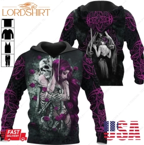 Skull Couple Lovers Purple Tattoo Hoodie 3D