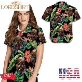 Skull Hibiscus Tropical Leaves Women Hawaiis Shirt