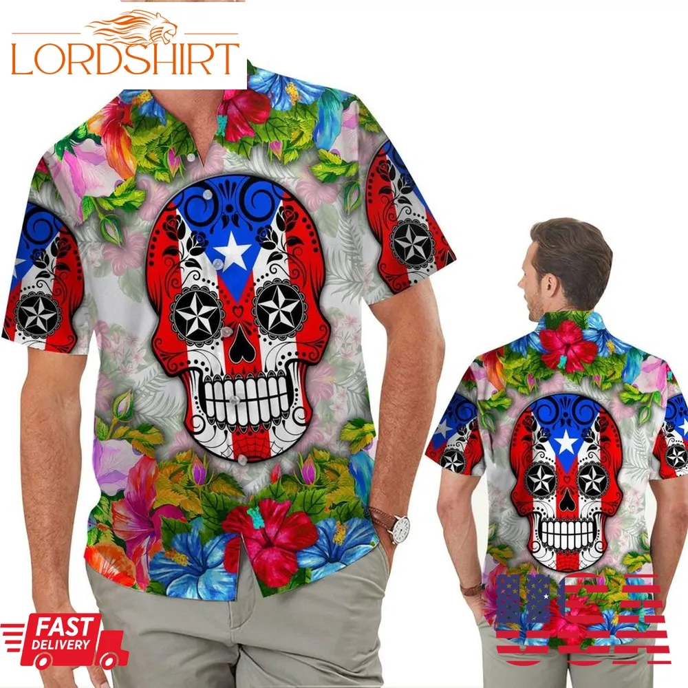 Skull Puerto Rico Flag Tropical Floral Hibicus Men Button Up Aloha Hawaiian Shirt For Boricua Puerto Ricans On The Beach Summer