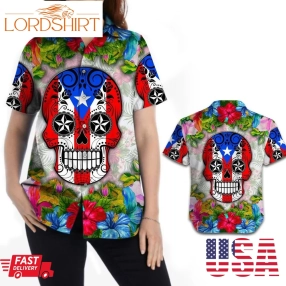 Skull Puerto Rico Flag Tropical Floral Hibicus Women Button Up Aloha Hawaiian Shirt For Boricua Puerto Ricans On The Beach Summer