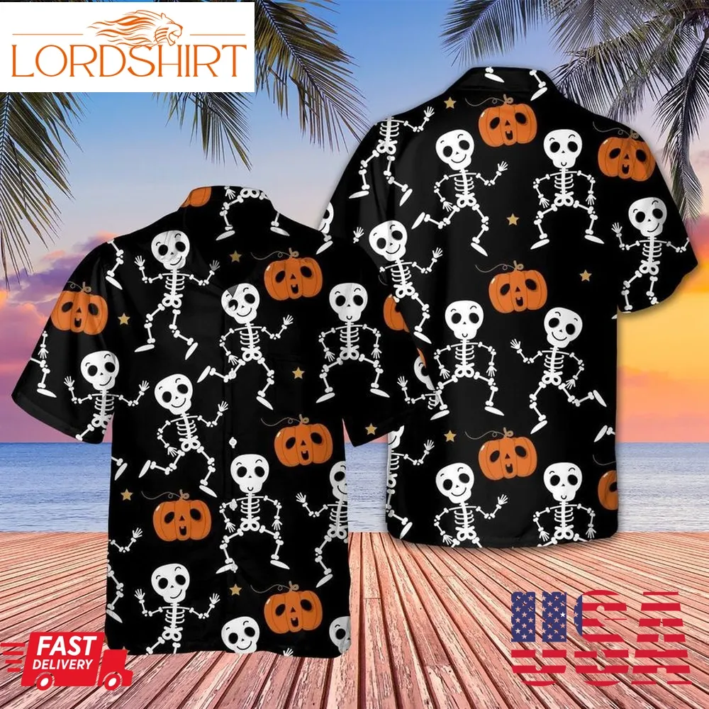 Skull Pumpkin Halloween Black Skeleton Hawaiian Tropical Shirt