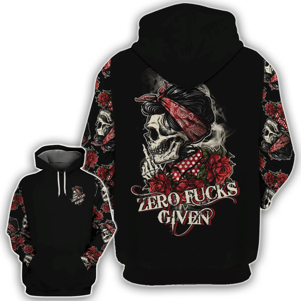 Skull Rose Zero Fucks Given Black Shirt 3D