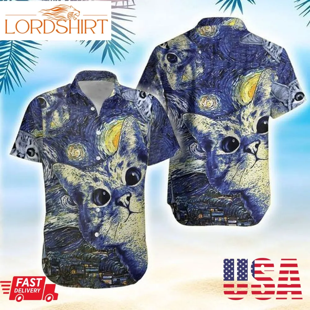 Starry Cats Hawaiian Graphic Print Short Sleeve Hawaiian Casual Shirt Size S   5Xl
