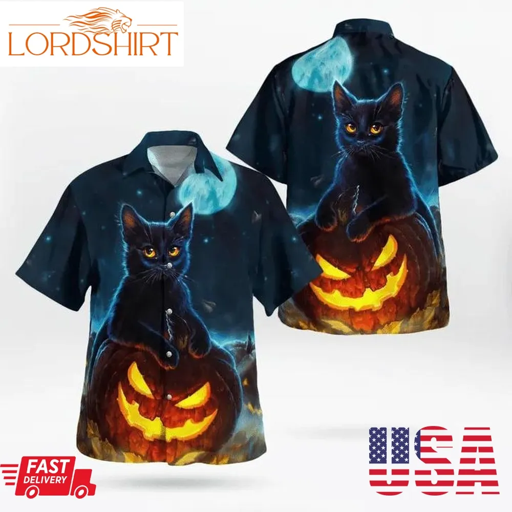 Starry Night Fullmoon Black Cat Spooky Pumpkin Halloween Hawaiian Shirt, Print Aloha Short Sleeve Unisex Shirt