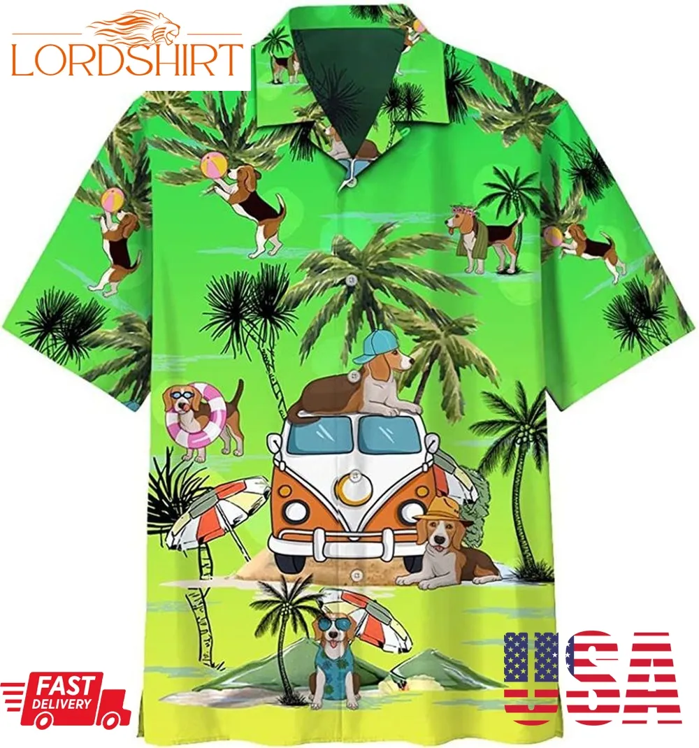 Summer Beagle Dog Beach Green Hawaiian Shirt