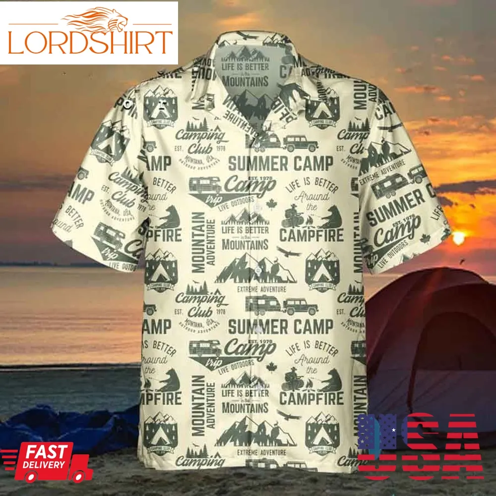 Summer Camping Hawaiian Shirt Outdoor Adventure With Campfire