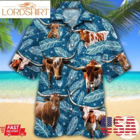 Texas Longhorn Cattle Lovers Blue Feather Hawaiian Shirt