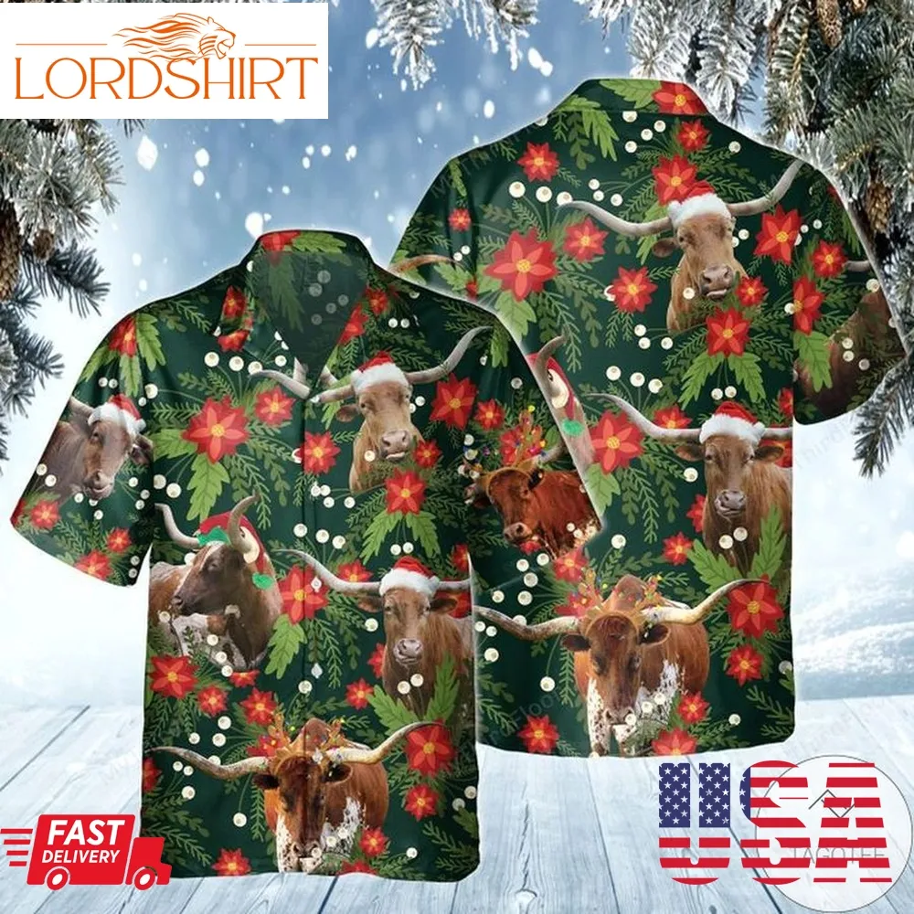 Texas Longhorn Cattle Lovers Christmas Red Flower Hawaiian Shirt