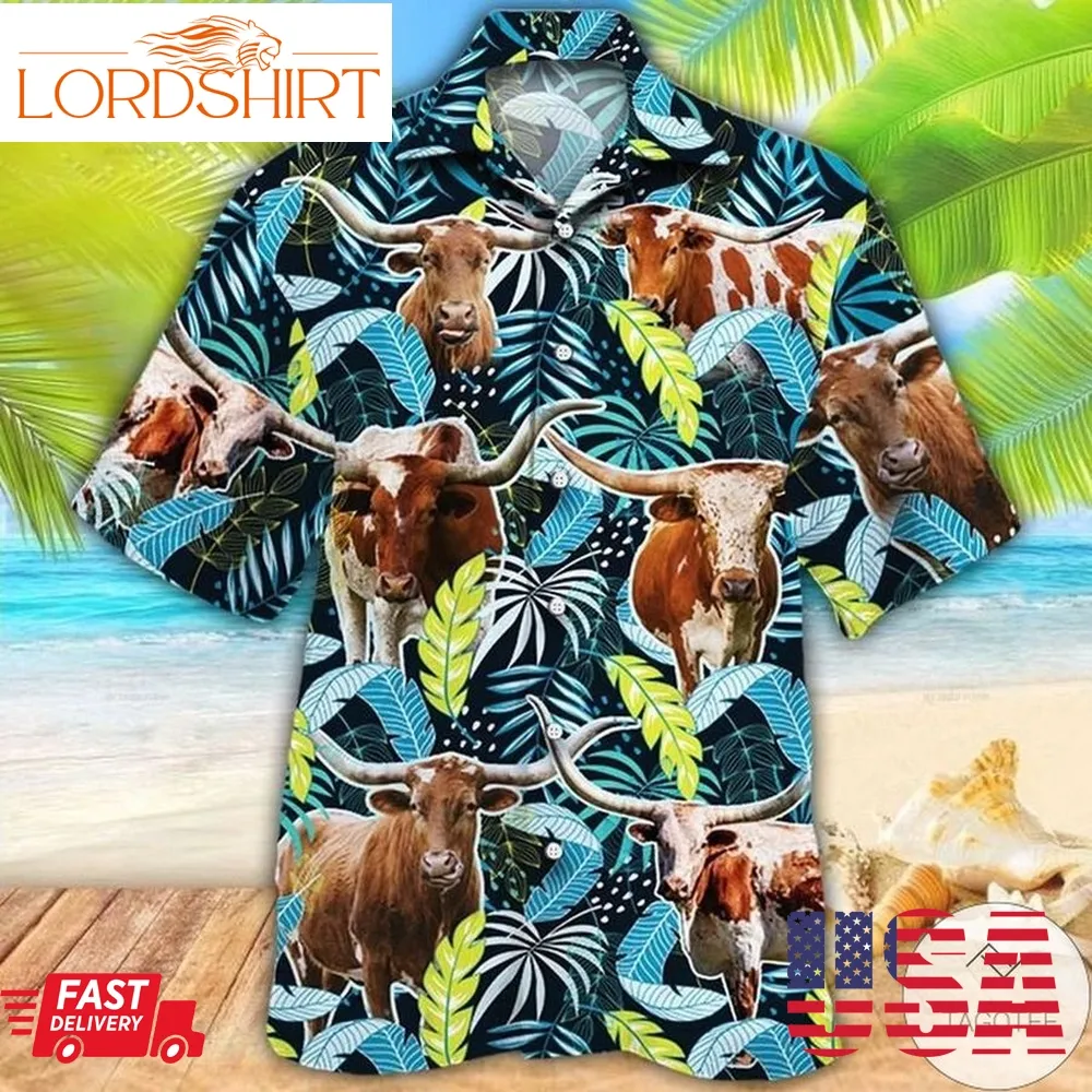 Texas Longhorn Cattle Lovers Jungle Leaves Hawaiian Shirt