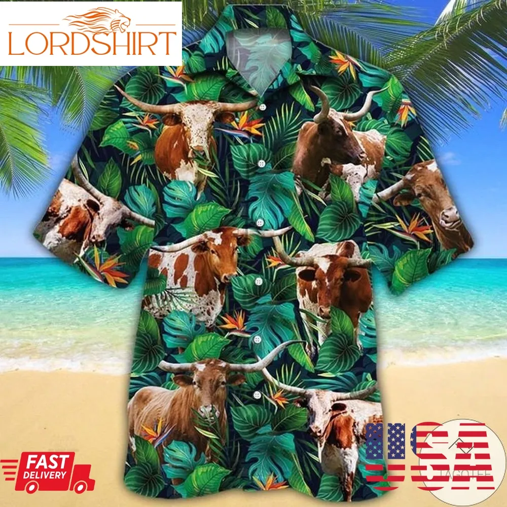 Texas Longhorn Cattle Lovers Tropical Leaves Hawaiian Shirt