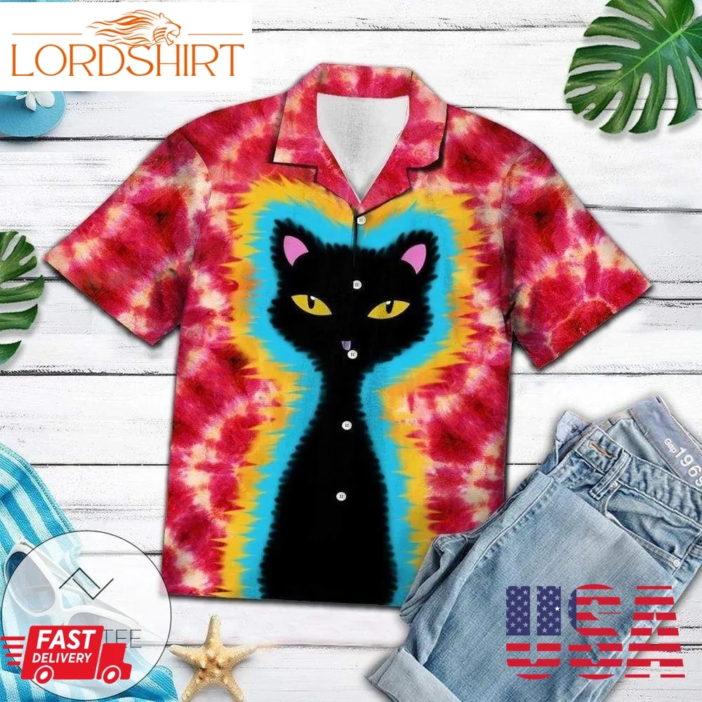 Tie Dye Hippie Black Cat Hawaiian Aloha Shirts