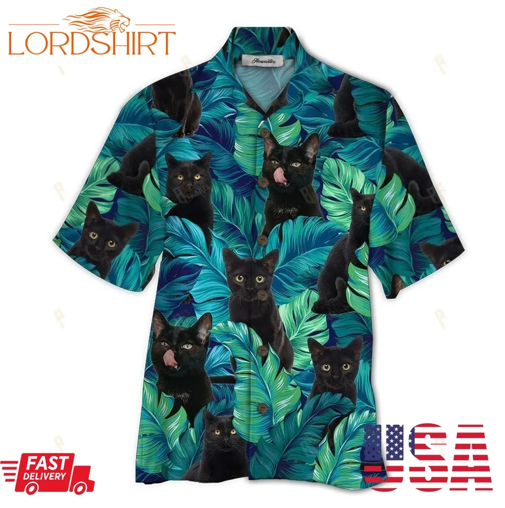 Tropical Summer Aloha Hawaiian Shirt Black Cat
