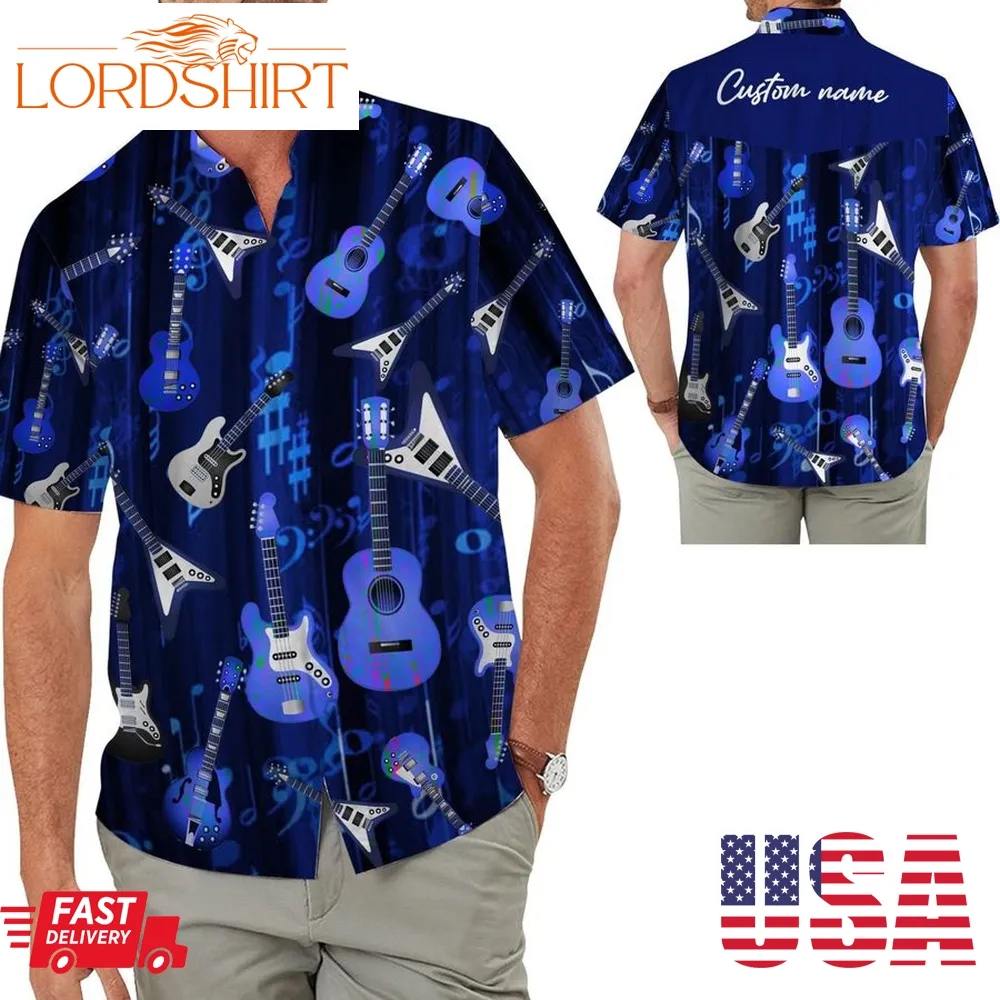 Types Of Guitar Music Note Pattern Button Up Custom Name Personalized Gifts Men Aloha Hawaiian Shirt For Guitarists Music Lovers