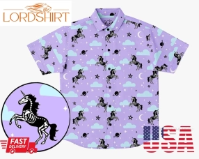 Unicorn Skeleton Novelty Halloween Button Up Down Hawaiian Shirt    Spooky Witch Aloha Blouse Quirky Kawaii Ghoul Unisex Men Women Statement