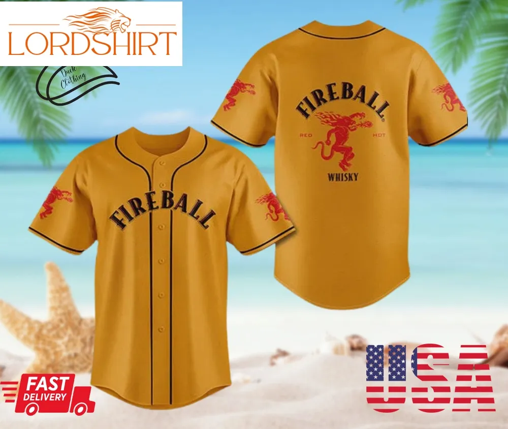 Unisex Orange Fireball Whiskey Baseball Jersey, Halloween Shirt, Hawaii Holiday Beach Flamingo Stag Brewery Summer Xs   5Xl