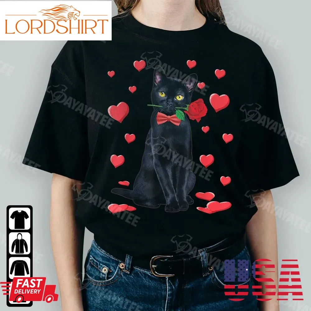 Valentine Cat Lover Shirt Black Cat With Rose Heart Valentines Day Gifts