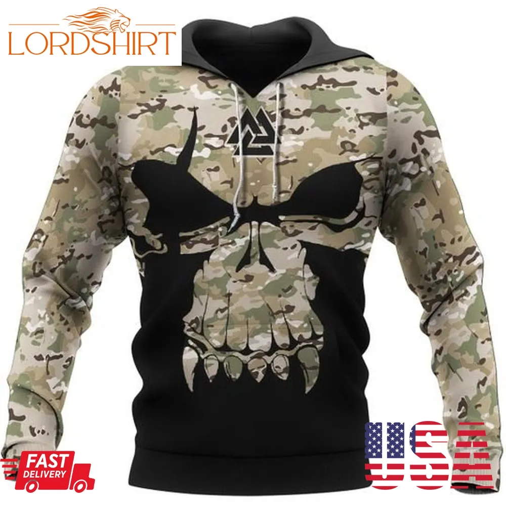 Valknut Skull With Camo 3D Hoodie And Shirt