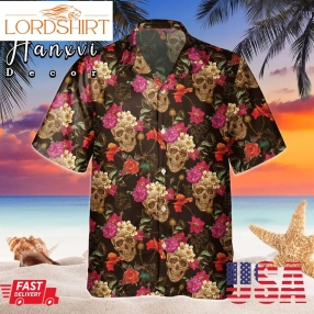 Vintage Flower Skull Hawaiian Shirt, Retro Floral Skeleton Shirt, Summer Vacation Aloha Shirt, Gift For Tattoo Lovers, Halloween Party Shirt