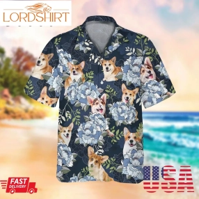 Vintage Welsh Corgi Dog Hawaiian Shirt, Tropical Blue Peony Flower Pattern Hawaii Shirt, Aloha Shirt For Dog Lovers, Gift For Dog Owners