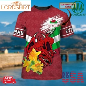 Wales Cymru Red Dragon With Flower Personalized 3D Tshirt Red