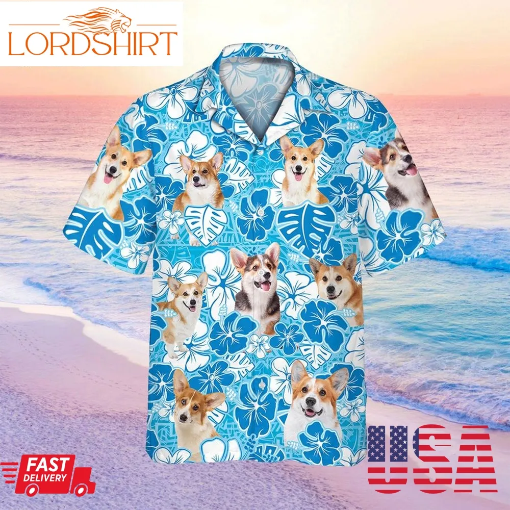 Welsh Corgi Dog Hawaiian Shirt, Beach Shirt With Blue Floral For Men And Women, Aloha Funny Summer Short Sleeve Shirts For Dog Lover S 5Xl