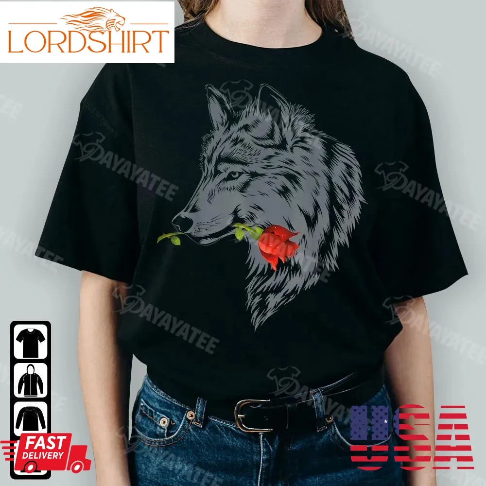 Wolf Rose Valentine Shirt Funny Gray Wolf Holding A Rose Gifts For Valentines Day