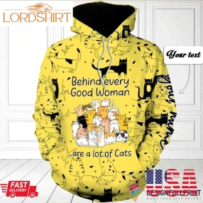 Yellow Behind Every Good Woman Are A Lot Of Cats Personalized Unisex Hoodie Cat Lover Gift