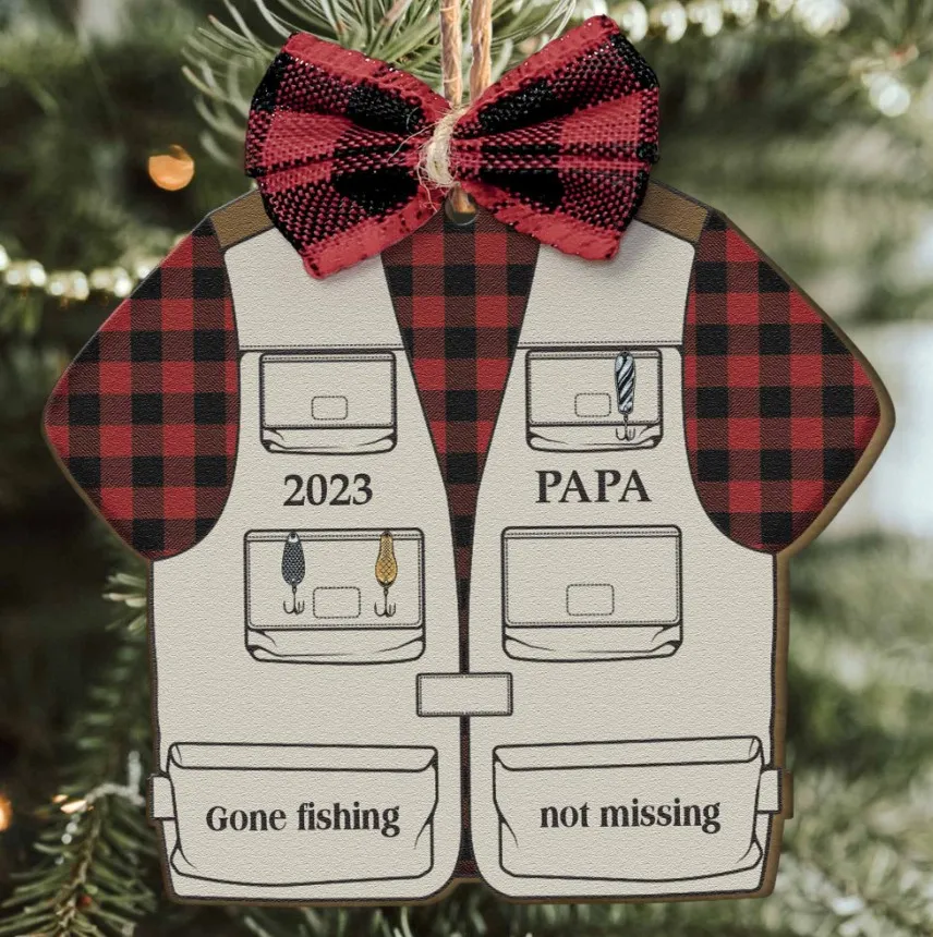 Fishing Vest  Personalized Wooden Ornament With Bow