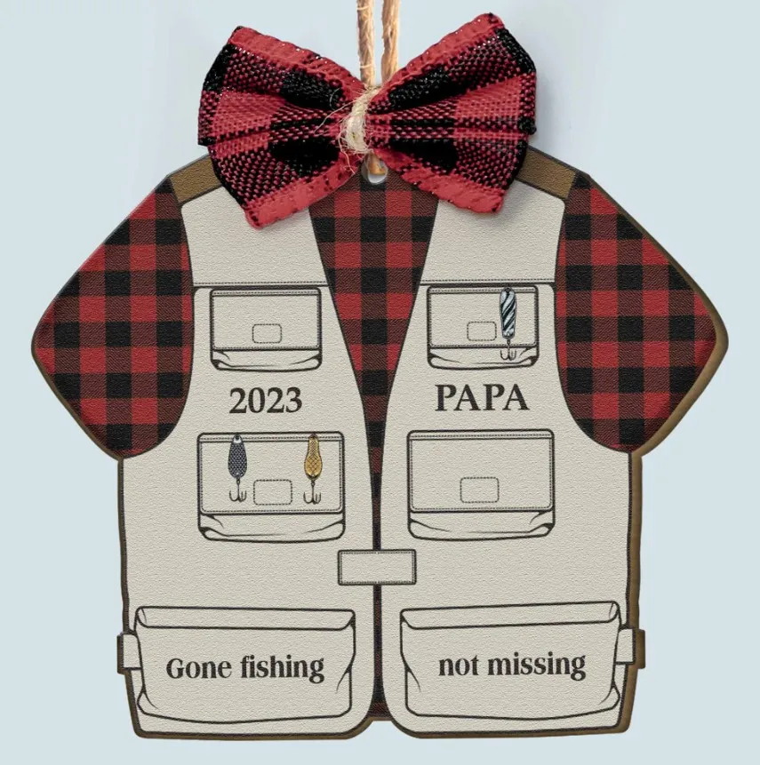 Fishing Vest  Personalized Wooden Ornament With Bow