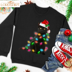 Black Cat Christmas Light Tshirt Funny Cat Lover Christmas Ugly Christmas Sweater T Shirt