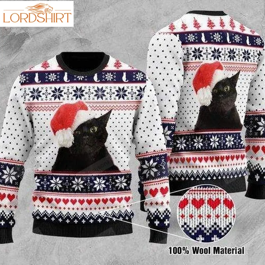 Black Cat Christmas Pattern White Blue Ugly Christmas Sweater, All Over Print Sweatshirt