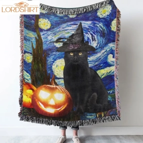 Black Cat Halloween Starry Night Woven Blanket Tqn450wbv1