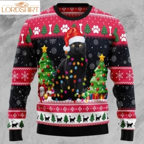 Black Cat Light Christmas Wool Sweater