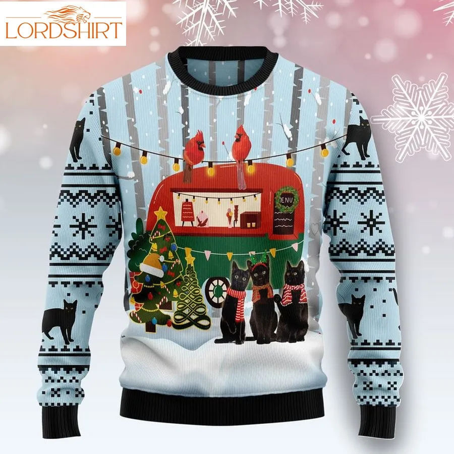 Black Cat Love Camping Christmas Wool Sweater