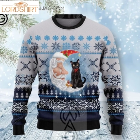 Black Cat Love Santa Moon Holiday Party Ugly Christmas Sweater