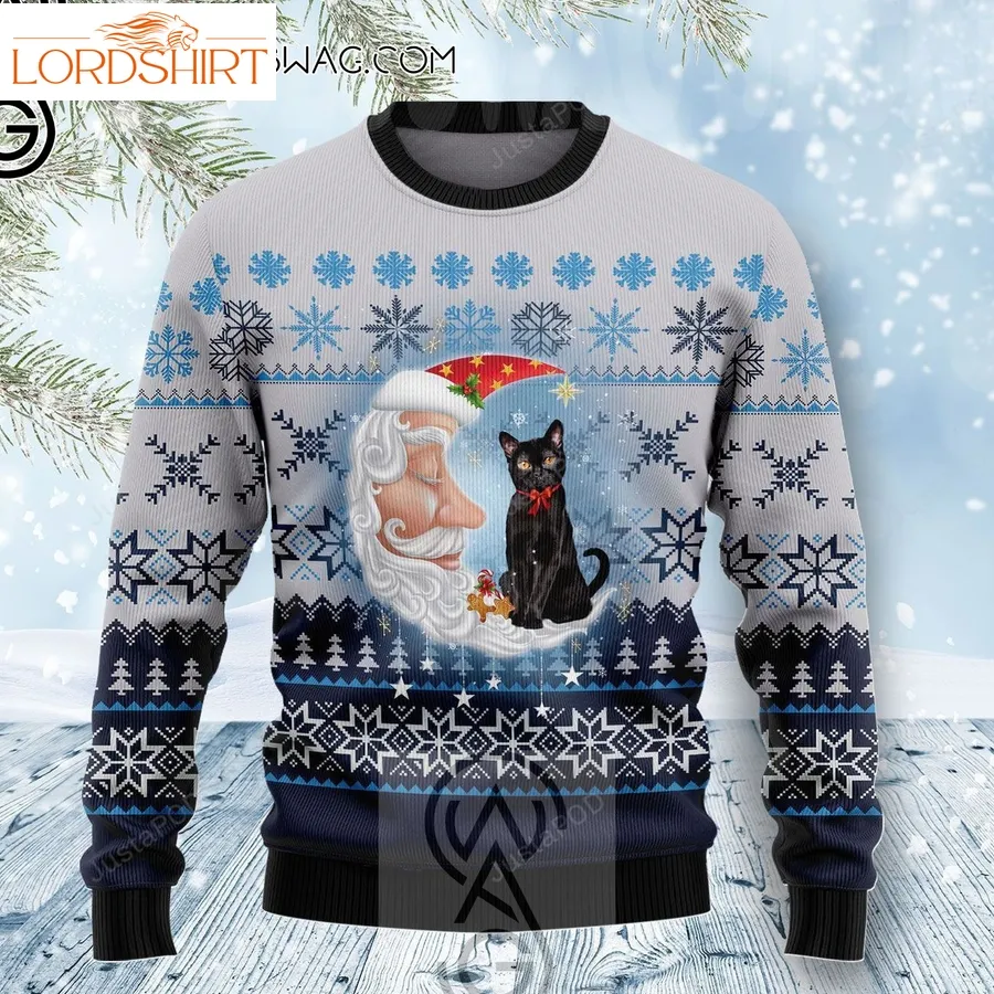 Black Cat Love Santa Moon Holiday Party Ugly Christmas Sweater