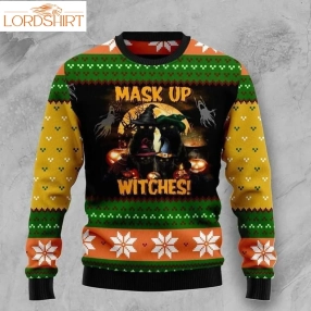 Black Cat Mask Up Witches Occasion Christmas Holiday Ugly Sweater