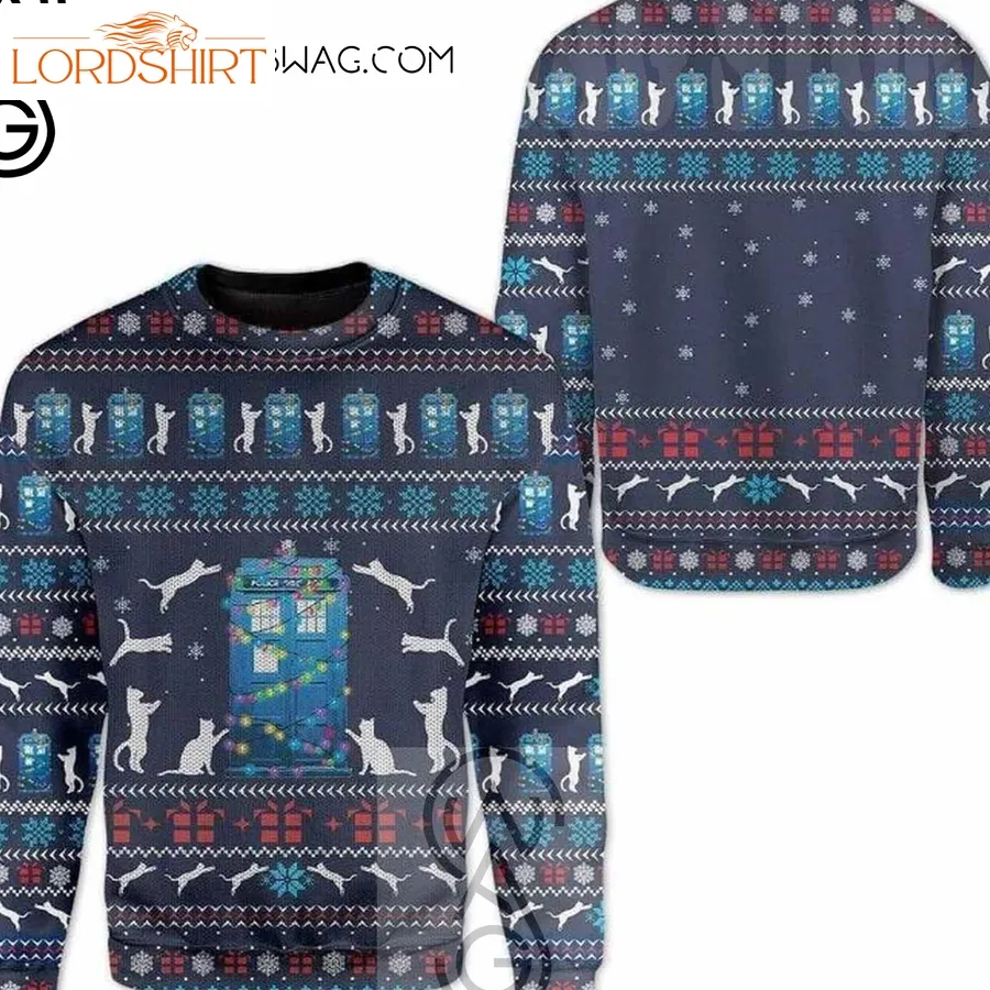 Black Cat Police Box In Dr Who Ugly Christmas Sweater