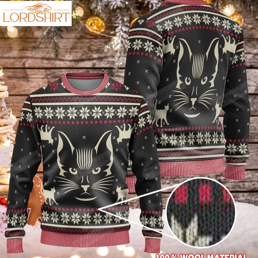 Black Cat Witch Christmas Snowflakes Pattern Black Red Ugly Christmas Sweater, All Over Print Sweatshirt